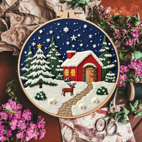 Smart-Feather 3pcs Embroidery kit for Holiday, Embroidery Kits for Christmas Cottage with Hoop for Adults with Hoop, DIY Art Project Craft Kit (Welcome) Smart-Feather