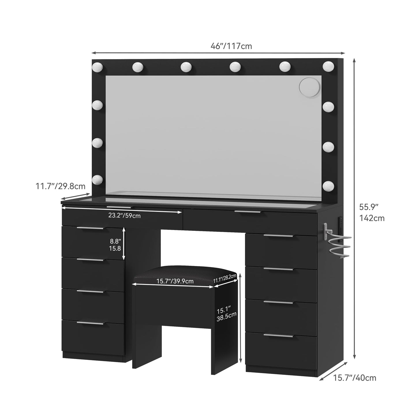 YITAHOME Makeup Vanity Desk with Large Mirror, 10-Drawer Vanity Set with Glass Tabletop & Charging Station, Modern Dressing Table with Storage Chair & 3-Color Brightness Adjustable Lighting, Ink Black