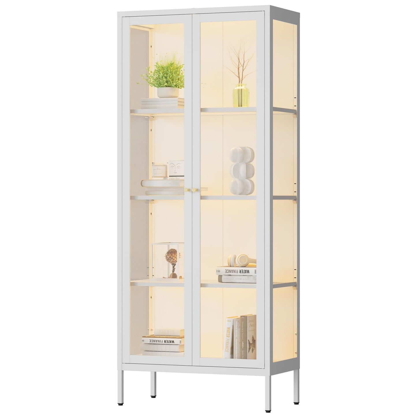 Polup Display Cabinet with 3 Color LED Lights and Tempered Glass, 66 Inch Tall Curio Cabinet with 3 Side Glass, White Display Case for Collectibles, Metal Cabinet for Living Room - Assemble Required