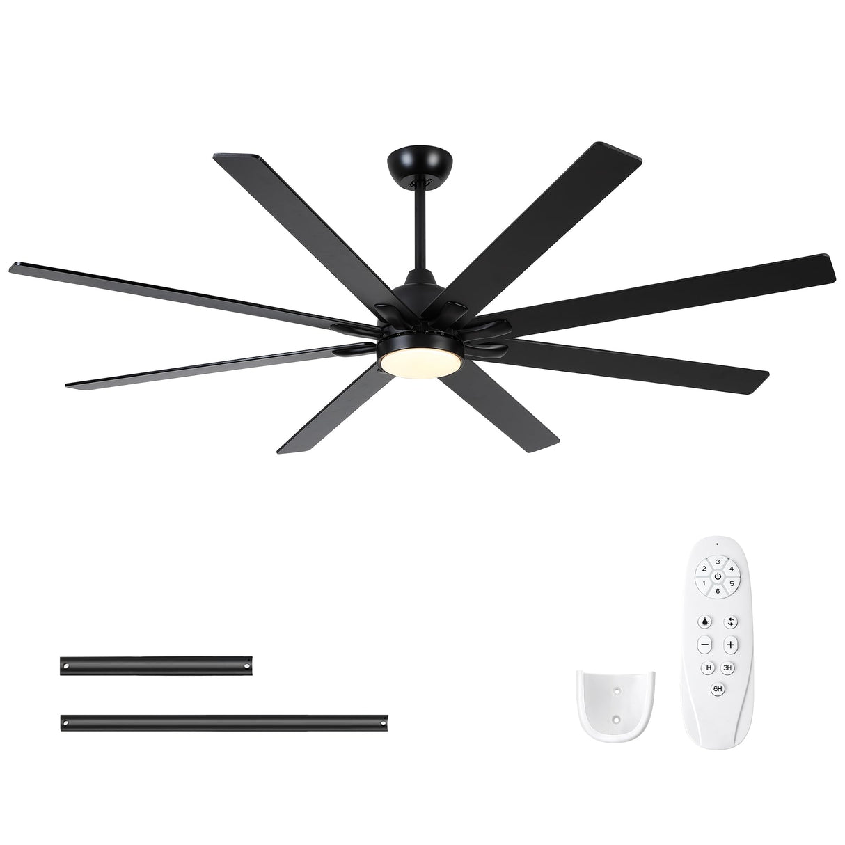 Sevenine 72 Inch Ceiling Fan With Lights and Remote,8 Black Wood Blades,Large Ceiling Fan with 6 Speed Reverse DC Motor,3 Color Dimmable LED, Downrod For Indoor Great Rooms Living Room Patio Farmhouse Sevenine