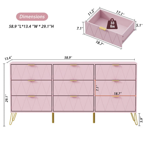 Anbuy Bedroom Sets 3 Pieces Pink Modern 9 Drawer Dresser and Nightstand Sets for Bedroom, Two Drawers Nightstand Set of 2 & 9 Drawer Dresser Combo 3 Pcs (Pink) Anbuy