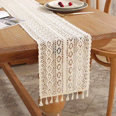 Gemseek 60 Inch Boho Cotton Crochet Table Runner, Vintage Beige Bohemian Lace Macrame Table Runner for Kitchen Coffee Dining Table Rustic Farmhouse Living Room Bedroom Dresser Decor Gemseek