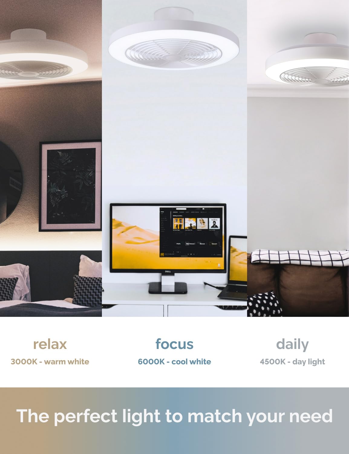 Orison Smart Bladeless Low Profile Ceiling Fan with LED-RGB Ambient Lighting Compatible with Alexa/Google Assistant/App Control, 6-Speed Color Change, Quiet Operation with Remote &App,19.7" (White) Orison