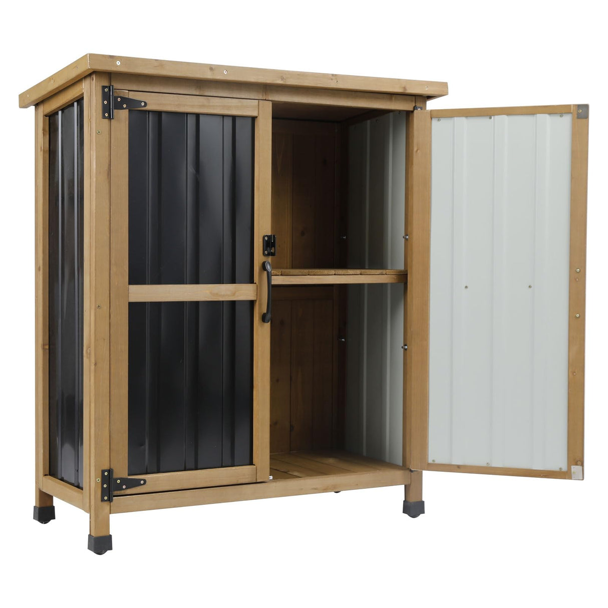 Outdoor Storage Cabinet, Small Wood & Metal Storage Shed with Lockable Doors & Adjustable Shelves, Vertical Outdoor Cabinets for Patio Backyard,Garden Tool Shed and Accessories, Brown Magazoopet