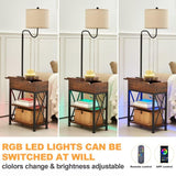 Dungoo Floor Lamp with Table, Narrow End Table with LED Lights Remote Control, Nightstand with USB & AC Outlets, Fliptop Storage Shelf End Table with Lamp Attached for Living Room Dungoo