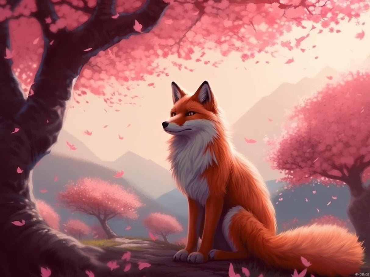 HMDIIMGE Fox Diamond Painting Kits, Diamond Art Animal Kits for Adults, Full Round Drill Cherry Blossom Gem Art Kits, for Room Decor Wall Decor 12x16 inch HMDIIMGE