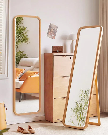 Otlsh 63"x18" Full Length Mirror, Floor Mirror, Rounded Corner Full Length Mirror with Stand, Standing Mirror, Full Body Mirror, Large Mirror, Freestanding, Wall Mounted, Beech Frame -Natural Otlsh