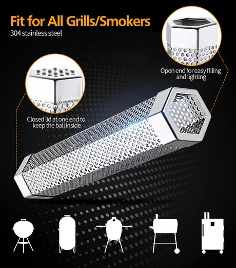 Pellet Smoker Tube Set, 6" & 12" Stainless Steel BBQ Wood Smoker Tube with Brush and 2 Hooks for 2.5hrs/5hrs of Billowing Cold/Hot Smoking for All Grills or Smokers, Smoking Cheese Beef Nuts Fish LFSEMINI