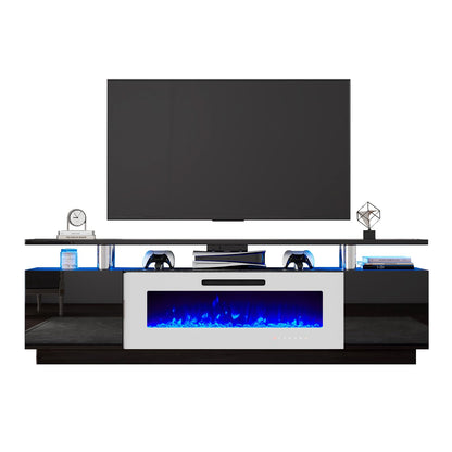 LUXOAK 80" Fireplace TV Stand, Modern High Gloss Finish Media Console with 40" Electric Fireplace, Open Storage Entertainment Center for TVs Up to 90" with LED Lights, Black/White