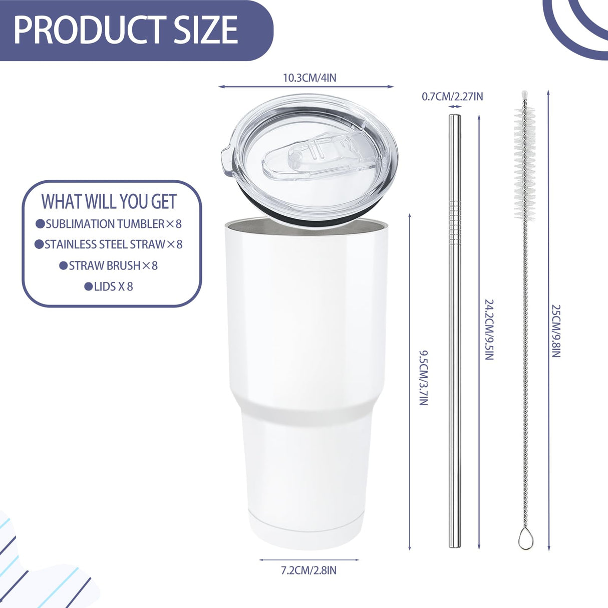 YOUKE OLA 8 Pack Sublimation Tumbler Blank White Bulk Stainless Steel Double Wall Vacuum Insulated Coffee Travel Tumbler Car Cups with Straws, 30oz YOUKE OLA