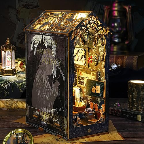 ISSEVE DIY Book Nook Kit, 3D Wooden Puzzle DIY Miniature House Kit for Booknook Shelf Insert Decoration, Magic Book House Stand Bookshelf Dollhouse for Adults with Sensor Light (Detective Agency)
