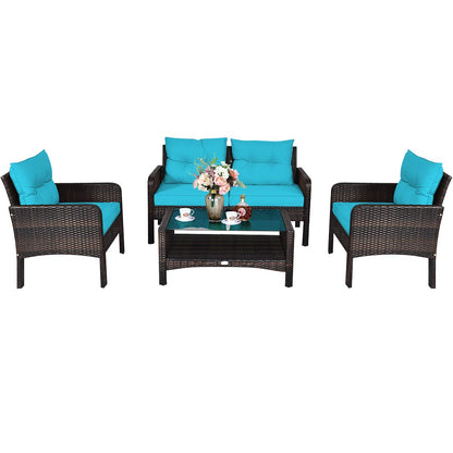 Tangkula 4 Piece Patio Furniture Set, Outdoor Wicker Conversation Set with Glass Top Coffee Table, All Weather Proof and Thick Cushions, Suitable for Porch, Garden, Poolside and Lawn (Turquoi - WoodArtSupply