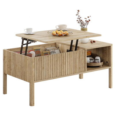 Fluted Lift Top Coffee Table for Living Room, Small Coffee Table with Storage Hydraulic Lift Large Capacity, Sturdy Legs Safe Round Corner, Easy Assembly for Small Spaces, Vertical Grain-Natural