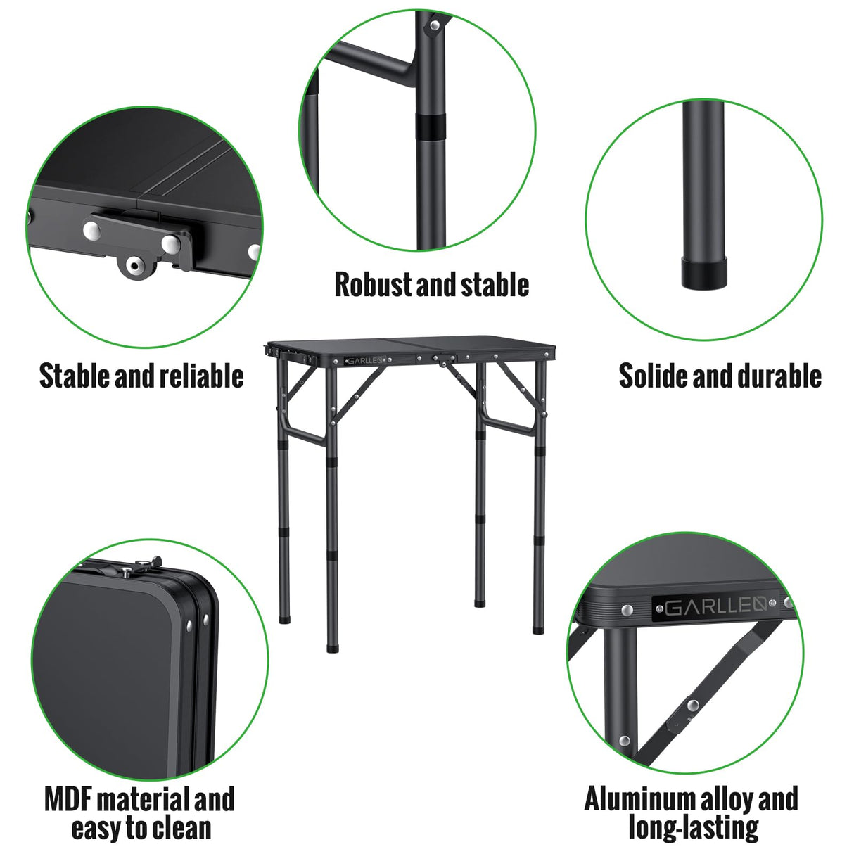 GARLLEN 2ft Folding Camping Table, 3 Adjustable Height Lightweight Picnic Table, Portable Aluminum Grill Table (22.8" L x 15.7" W) for Outdoor, Camping, BBQ, Black GARLLEN