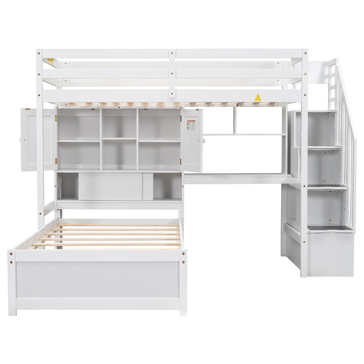 Twin over Twin Bunk Bed with Stairs and Desk, Solid Wood Loft Bed with Storage Shelves and Drawers, Stairway Bunk Bed Frame with Bookcase Headboard for Kids Teens Adults - White