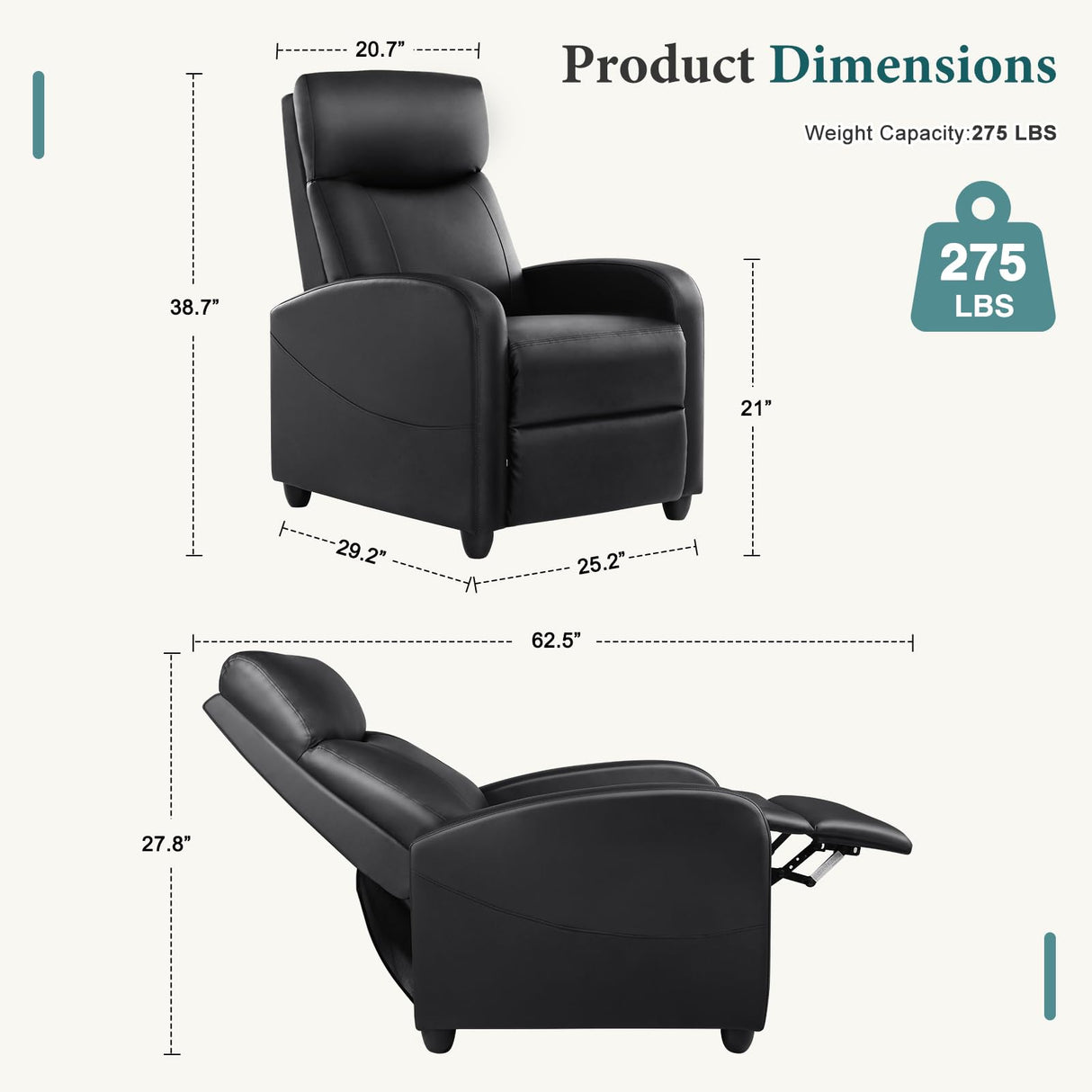 Smug Recliner Chair for Living Room, Leather Home Theater Seating with Lumbar Support with Adjustable Backrest and Footrest, Modern Living Room Furniture with Padded Seat Backrest, Black SMUG