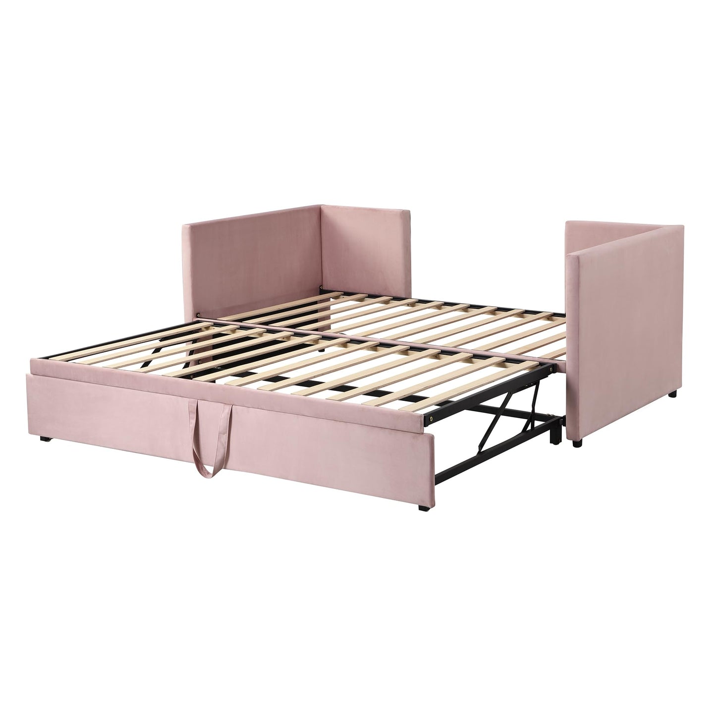 Acosure Twin Velvet Upholstered Daybed with Pop Up Trundle,Extendable Wooden Bed Frame W/Backrest and Armrests, King-Size,for Living Room Apartment,Pink