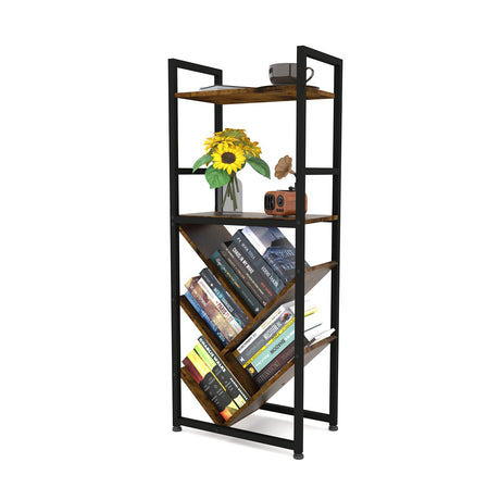 6-Tier Tree Bookshelf for Corner & Small Spaces, Modern Rustic Metal Bookcase Storage Organizer for Books, CDs, Movies – Industrial Floor Standing Bookshelves for Bedroom, Living Room, Home Office Faesun