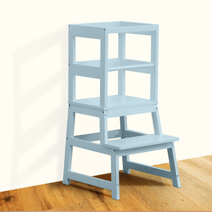 Kitchen Step Stool for Toddlers with Non-Slip Mat, WOOD CITY Wooden Kids Montessori Learning Stool Tower, Toddler Standing Tower Helper for Kitchen Counter and Bathroom Sink(Grey-Blue)