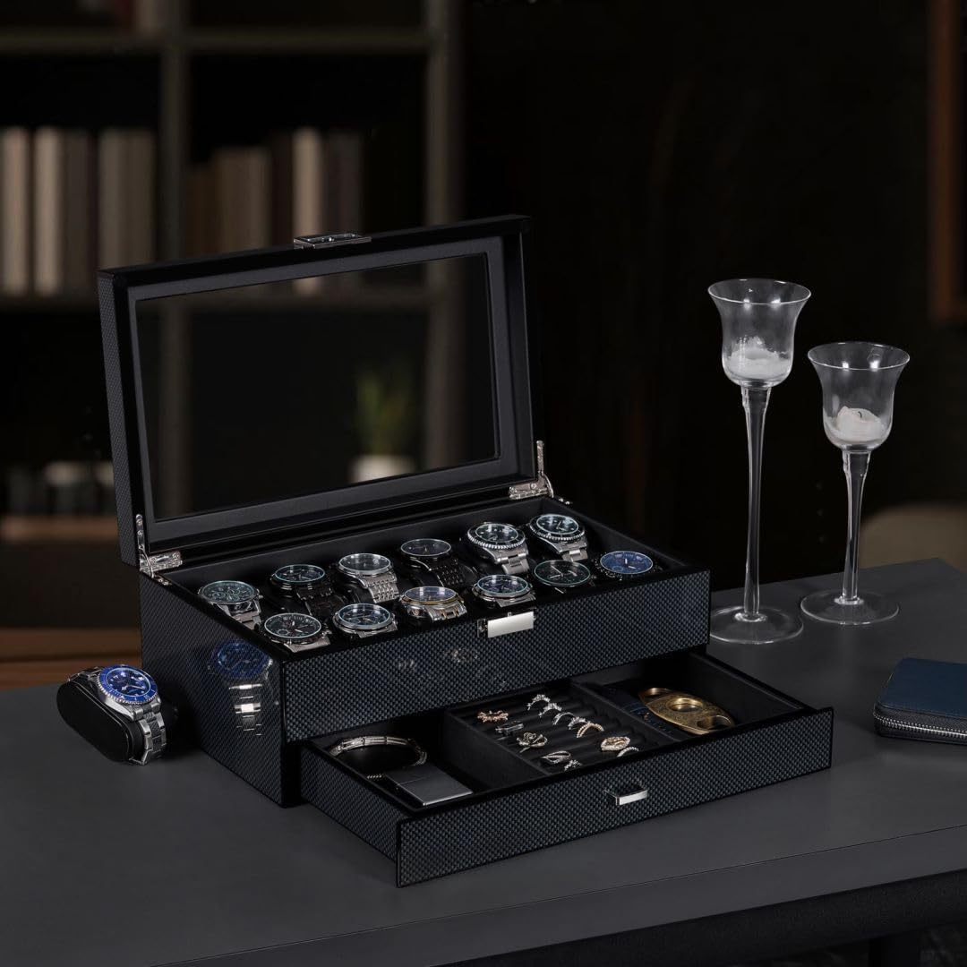 BEWISHOME Watch Case for Men with Drawer Glossy Watch Box Organizer Glass Lid and Paint Surface Men’s Jewelry Organizer 12 Slot Watch Holder Display Case Men Gifts SSH02A BEWISHOME