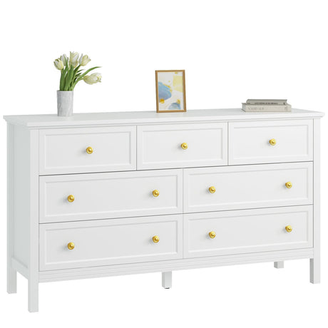 CARPETNAL White Dresser for Bedroom, 7 Drawer Dresser with Wide Drawers and Gold Metal Handles, 55" White and Gold Dresser TV Stand, Modern Dressers & Chests of Drawers for Hallyway, Entryway. CARPETNAL