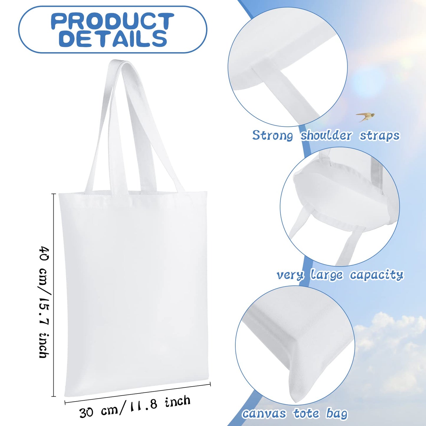 CHENGU 12 Pack Sublimation Tote Bags Blank Canvas Bag Reusable Grocery Bags 15.7x12 Inch Washable Heat Transfer Bag Bulk DIY Craft (White)