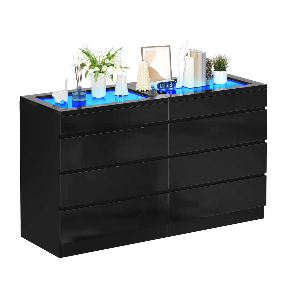 DWVO 8 Drawer Dresser with LED, Black Dresser, Modern 8 Chest of Drawers with Deep Drawers Glass Top High Gloss Surface, Storage Organizer Cabinet for Living Room DWVO