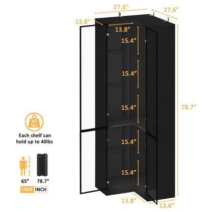 ZORPLIX L-Shaped Glass Display Cabinet with LED Lights, Corner Display Cabinet with 4 Glass Doors, Storage Cabinet with Adjustable Shelves, Curio Cabinet for Collectibles, Living Room