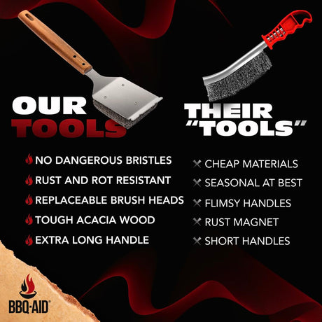 BBQ-AID Bristle Free Grill Brush and Scraper for Barbecue – Grill Brush for Outdoor Grill with Extended, Large Wooden Handle and Replaceable Head –No Scratch- BBQ Grill Cleaning Accessories. BBQ-Aid
