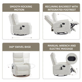 PELUMY Manual Recliner Chair with Heat & Vibration Massage, 360° Swivel Rocker Recliner with 155° Recline and Lumbar Heat, Compact Recliner for Living Room & Small Spaces (Breathable Leather, White) PELUMY