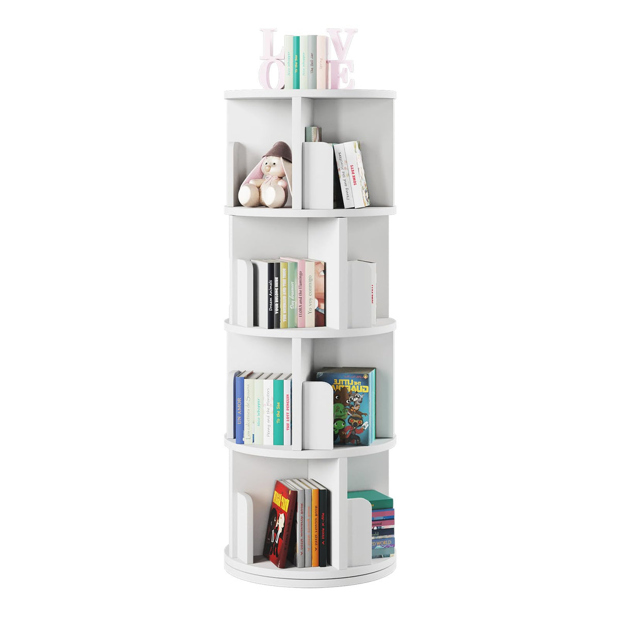 oneinmil Rotating Bookshelf, 360° Rotating Bookcase for Small Space, Corner Bookcase for Bedroom, Living Room, Study Room, 4 Tier, White oneinmil
