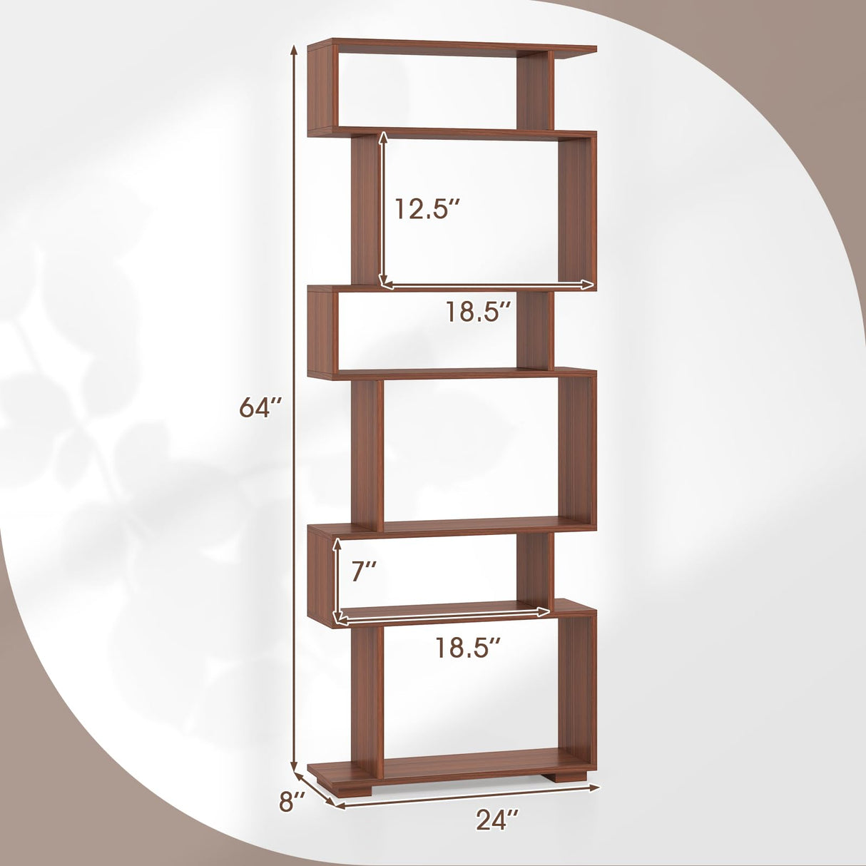 LOKO 6-Tier Storage Bookshelf, Tall Display Shelf with Anti-toppling Kits, Decorative Room Divider, S-Shaped Geometric Bookcase for Study, Living Room, Office (1,Walnut) LOKO