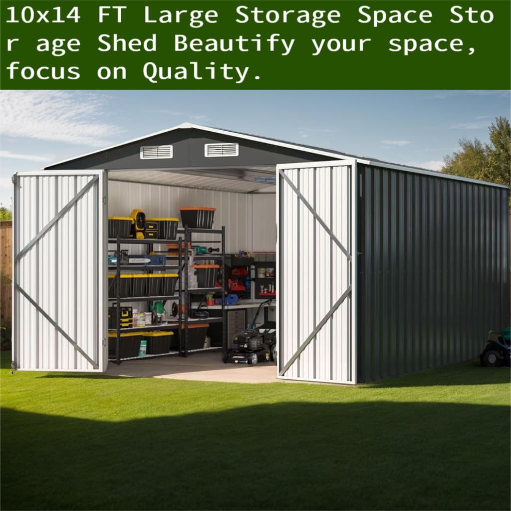 10x14 FT Outdoor Storage Shed with Reinforced Frame, Lockable Tool Shed for Backyard and Garden, All-Weather Metal Structure in Grey (Grey, 10x14 FT) Generic