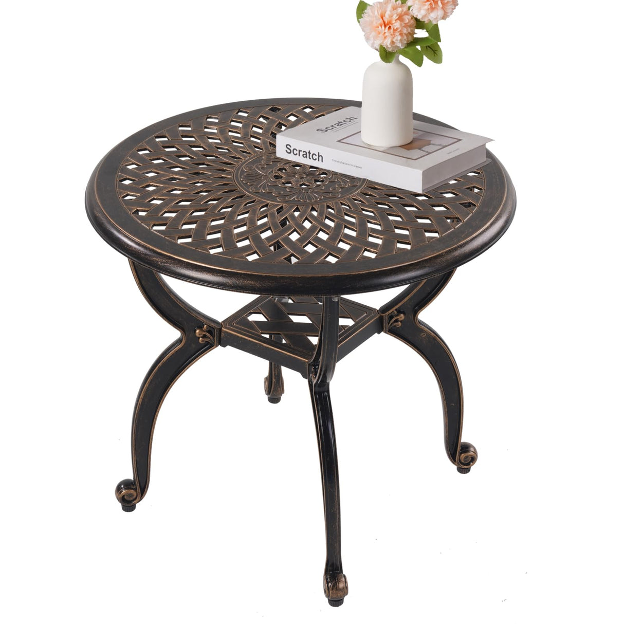 WILOUNGE Cast Aluminum Outdoor Side Table,Small Patio Table,Outdoor Coffee Tables for Patio,Garden,Balcony, for All Weather (Copper, Round) WILOUNGE