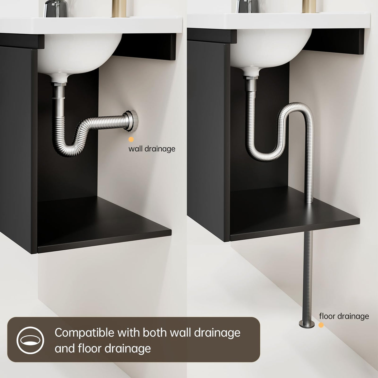 phiestina Pre-Assembled 16 Inch Black Floating Bathroom Vanity for Small Space, Wall-Mounted Small Cabinet with Single Hole Ceramic Sink,Soft-Close Door, No Faucet,BV04-16-PUREBLACK phiestina