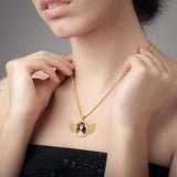 9 Pieces Sublimation Blank Necklace with Chain Set Blank Necklace Rhinestone Wing Shape Bezel Pendant Tray, 25 mm Sublimation Sheet, Double Sided Tape for DIY (Round Shape Style) Hicarer