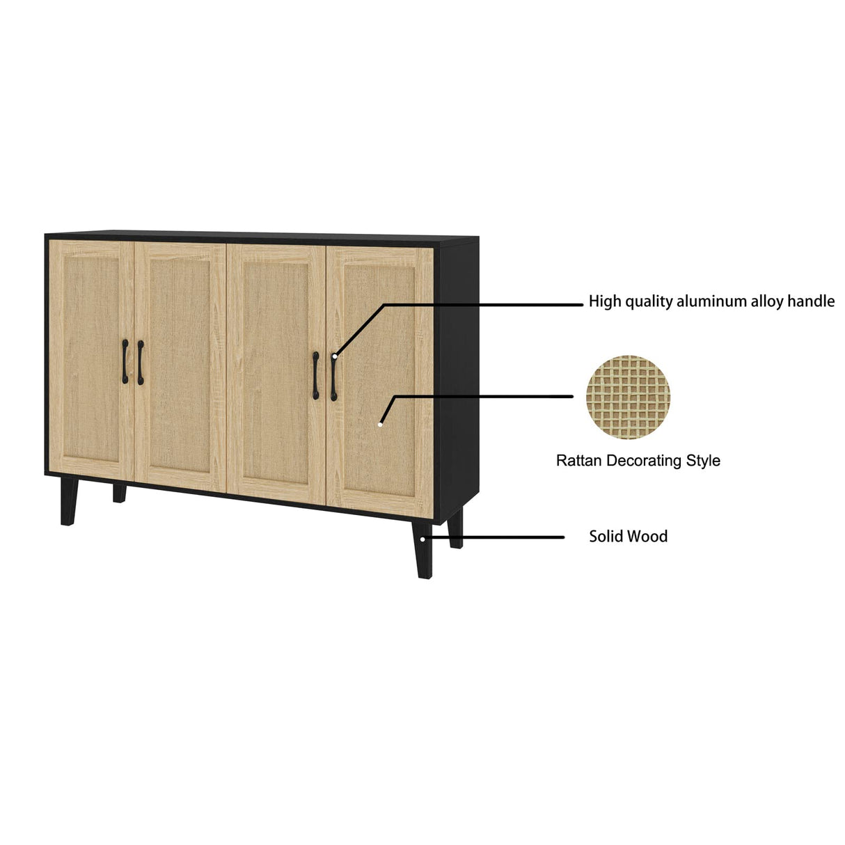 Panana Buffet Storage Cabinet with Rattan Decorating 4 Doors Living Room Kitchen Sideboard 48.43 x 34.65 x 15 inch (Black) Panana