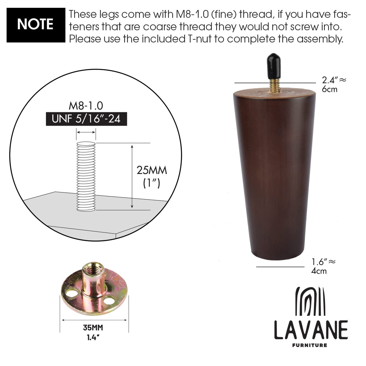 La Vane 4 inch / 10cm Wooden Furniture Legs, Set of 4 Walnut Solid Wood Tapered M8 Furniture Replacement Feet with Pre-Drilled 5/16 Inch Bolt & Mounting Plate & Screws for Sofa Chair Couch Ottoman La Vane