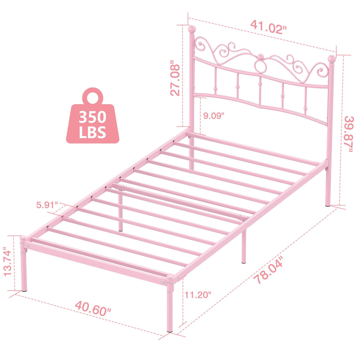 Merronix Twin Bed Frames with Headboard, Elegant Metal Pink Bed Frame for Kids Girls, Modern Heavy Duty Twin Size Platform Bed - No Box Spring Needed, 11.2 Inches Height Underneath Storage Merronix