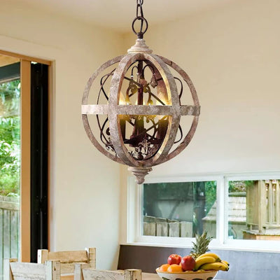 KunMai Rustic Retro Weathered Wooden Globe Metal Orb Crystal 3-Light Chandelier Candle Style Pendant Light for Kitchen Island Entry Area Living Room (Small)