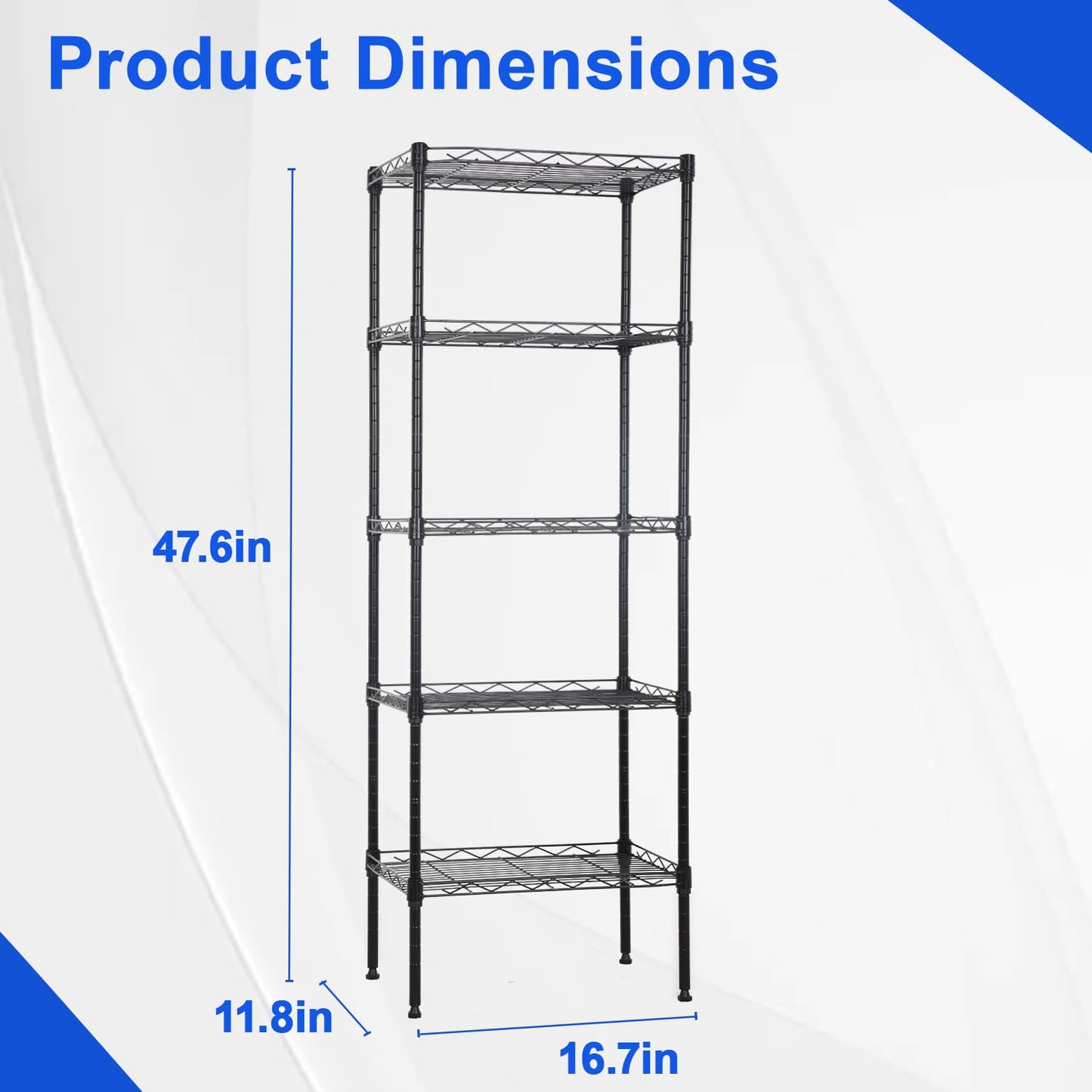 Metal Frame Storage Shelves 5-Tier Wire Shelving NSF Certified Storage Rack Shelf Heavy Duty Storage Shelf with Leveling Feet for Home Kitchen Garage, 12" Dx17 Wx48 H, Black