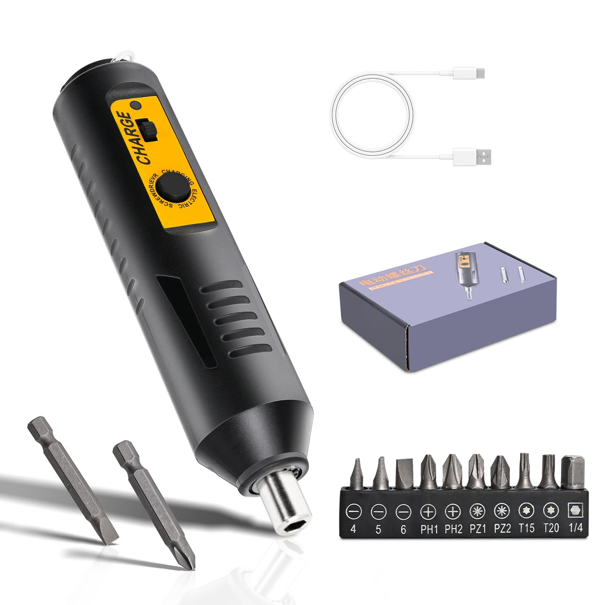 Mini Cordless Electric Screwdriver,Rechargeable, Can Rotate Clockwise Or Counterclockwise,With A Button Control And Ultra Long Battery Life,10 Bits&2 Extended Bits, USB Cable, Magnetic Hex Chuck Julixin