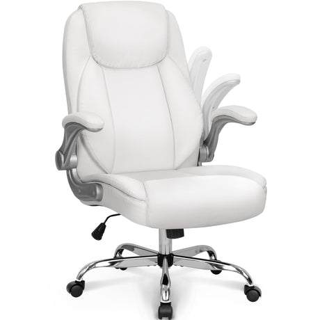 NEO CHAIR Ergonomic Office Chair PU Leather Executive Chair Padded Flip Up Armrest Computer Chair Adjustable Height High Back Lumbar Support Wheels Swivel for Gaming Desk Chair (White) NEO CHAIR
