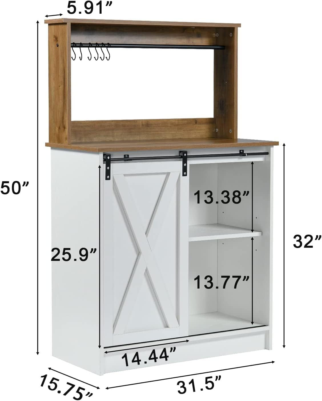 Farmhouse Style Coffee Bar Cabinet with Sliding Barn Door and 6 Hooks - 50 Inch White Buffet Storage 4ever2buy