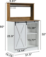 Farmhouse Style Coffee Bar Cabinet with Sliding Barn Door and 6 Hooks - 50 Inch White Buffet Storage 4ever2buy