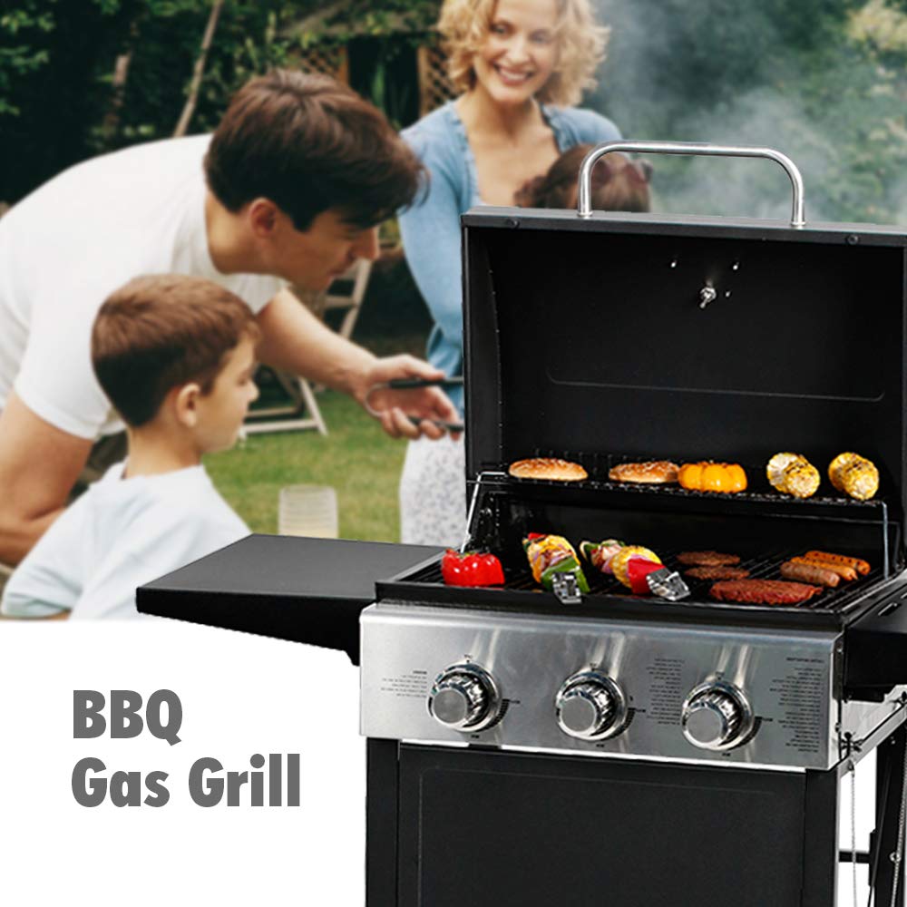 MASTER COOK 3 Burner BBQ Propane Gas Grill, Stainless Steel 30,000 BTU Patio Garden Barbecue Grill with Two Foldable Shelves MASTER COOK