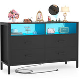 Girapow Dresser for Bedroom, Wooden Bedroom Dresser with LED Lights and Charging Station, 4 Drawers Dressers, Wide Chest of Drawers Storage Organizer TV Stand for up to 50" TV for Living Room, Black Girapow