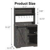 Linkriseed Farmhouse Coffee Bar Cabinet with LED Light, 55 Inch Bakers Rack with Storage, Large Coffee Bar Hutch with 6 Hooks and Sliding Barn Door for Living Dining Room, Dark Gray Linkriseed