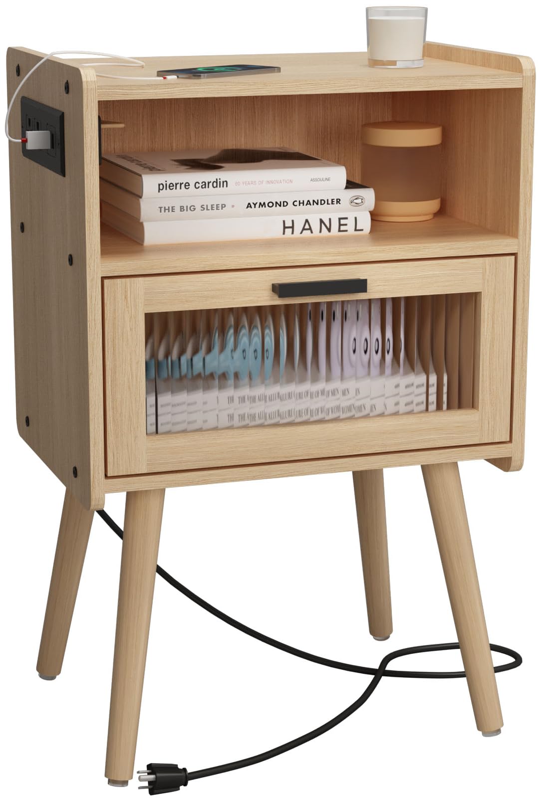 Mid Century Modern Nightstand with Charging Station, Bedside Tables with Glass Drawer, End Table Side Table with 2 Tiers Storage Space, for Bedroom, Living Room, Natural SOOWERY
