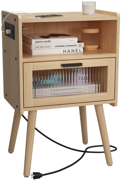 Mid Century Modern Nightstand with Charging Station, Bedside Tables with Glass Drawer, End Table Side Table with 2 Tiers Storage Space, for Bedroom, Living Room, Natural